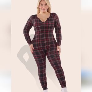 Shosho plaid long sleeve jogger pant one piece pajamas